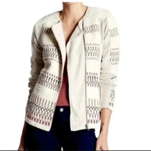 Lucky Brand | Cream Embroidered Knit Jaquered Zip Boho Motorcycle Jacket Size S - Picture 12 of 12